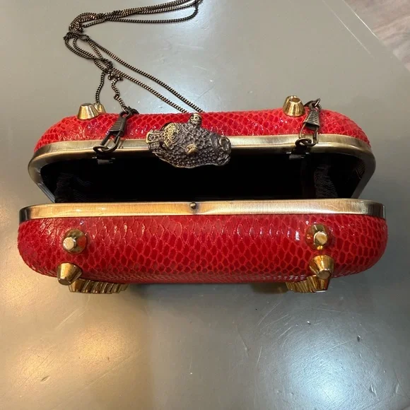 House of Harlow 1960 Red Snake-Texture Studded Clutch with Chain - Picture 6 of 6